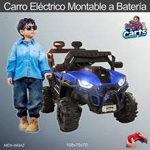 Cargar imagen en el visor de la galería, Carro eléctrico montable a batería azul modelo MDX-999AZ con control remoto para niños de 1 a 6 años