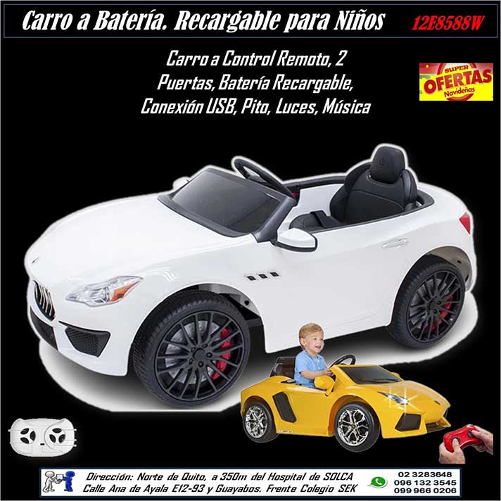 Carro a Batería para Niños Blanco. Auto Juguete, Quito Ecuador Importadora Marvin