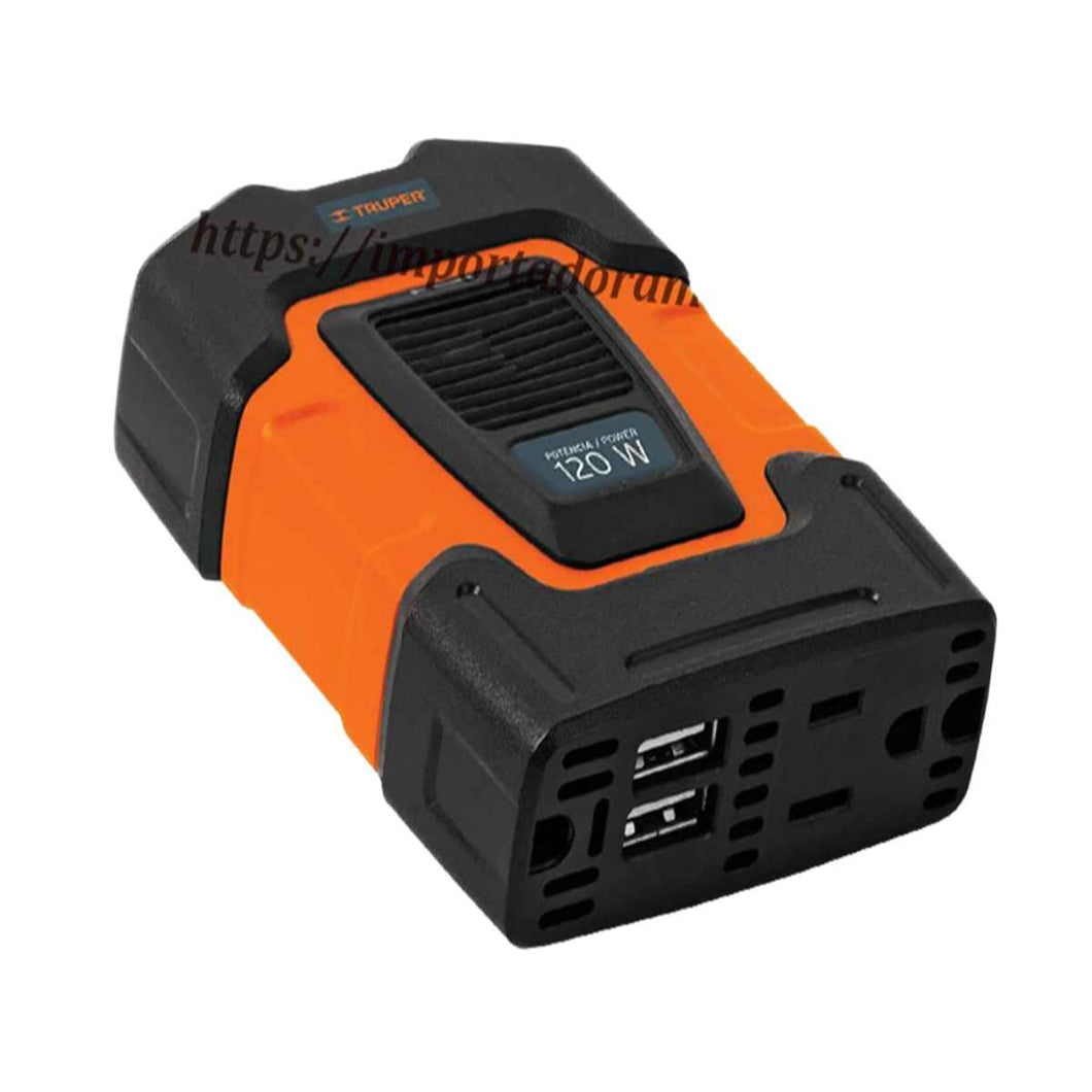 Inversor de corriente Truper 120W 12V-110V portátil para auto con puertos USB
