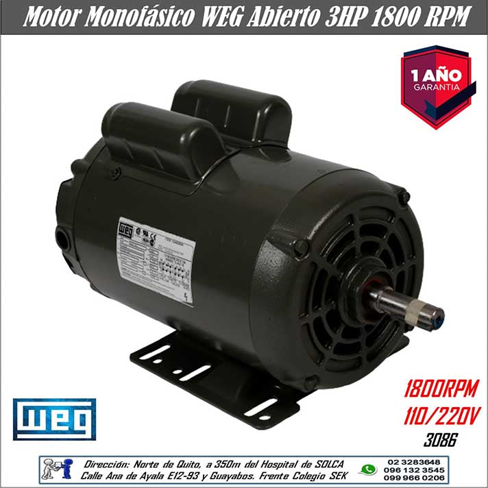 Motor Monofásico WEG 3 HP 1800 RPM. Importadora Marvin Herramientas