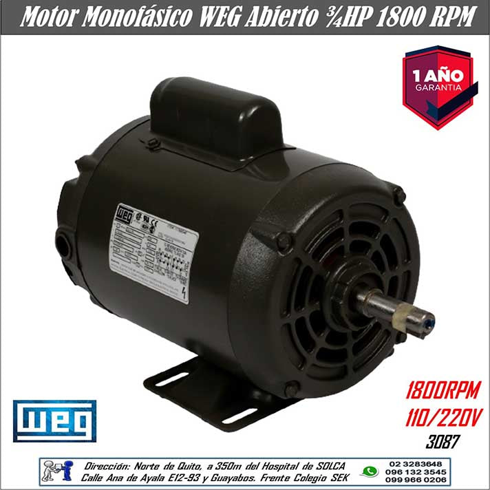 Motor Eléctrico Abierto WEG ¾ HP Monofásico 1800 RPM