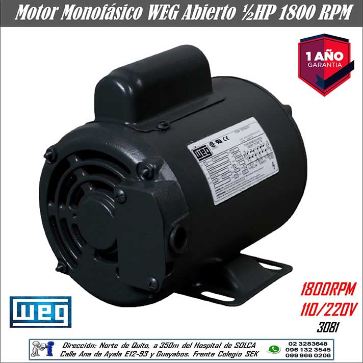 Motor Eléctrico Abierto WEG ½ HP Monofásico 1800 RPM